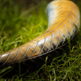 Load image into Gallery viewer, Et nærbillede af et poleret Drikkehorn Wild, et traditionelt jødisk ceremonielt horn, hvilende på frodigt grønt græs. Hornet fremviser indviklede riller og en gradient fra gule til mørke nuancer, der reflekterer lyset og fremhæver dets detaljerede tekstur. Dens håndværk minder om det, man finder i Vikingemarkeder.