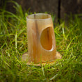 Load image into Gallery viewer, Drikkehorn Wild, en gennemskinnelig, hornlignende tumbler med et unikt udskæringsdesign, står på en cirkulær træbund. Den er placeret på levende grønt græs mod en sløret mørk baggrund. Dette drikkehorn, der minder om Vikingemarkeder håndværk, har et jordagtigt, rustikt udseende på grund af dets naturlige materialer.
