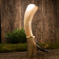 Load image into Gallery viewer, Drikkehorn Ordained Galore, med guldaccenter og en poleret finish, står elegant på en rustik træoverflade understøttet af en vinklet base. Bag den er der en frodig grøn plante og en mosbevokset plet, alt sammen sat mod en tekstureret træbaggrund. Dette bøffelhorn har et slankt, naturligt design, perfekt til udstilling ved vikinge-markering.