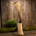 Load image into Gallery viewer, Drikkehorn Ordained Galore, et smukt udformet drikkehorn med en poleret finish, står oprejst på et stykke træ. Dens base er omgivet af mos og grønt græs. Baggrunden består af træplanker, der tilføjer et rustikt præg til scenen. Dette bøffelhorn er ideelt til vikingemærker og har messingkanter i begge ender.