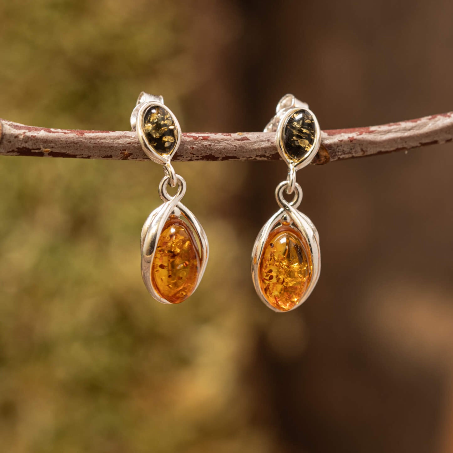 Drop Earrings Dual Amber 925s Silver
