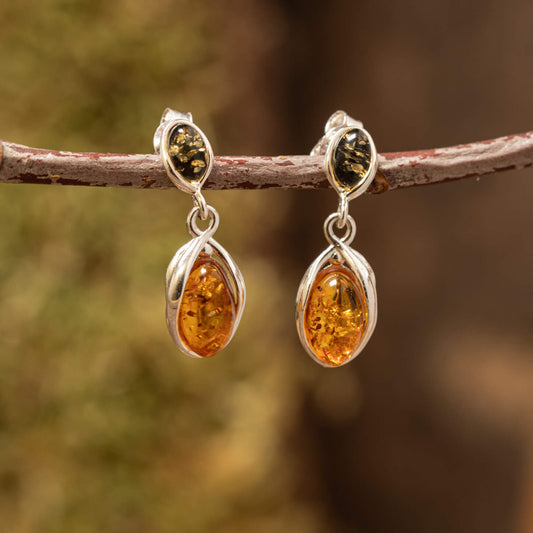 Drop Earrings Dual Amber 925s Silver