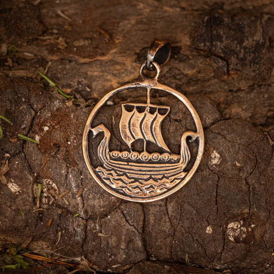 Round Viking Ship Pendant in Bronze – image 1