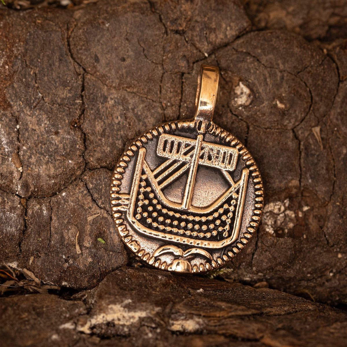 Bronze Viking ship coin pendant – image 1