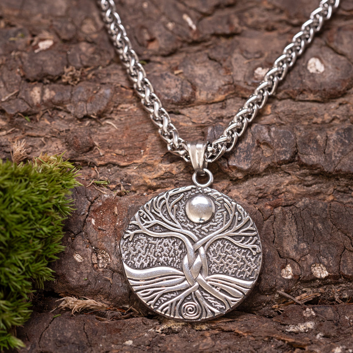 Yggdrasil Tree of Life Round Pendant Steel With Chain – image 1
