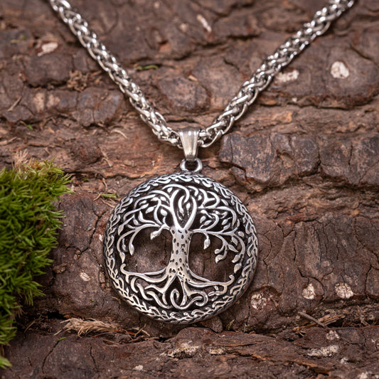 Yggdrasil Tree of Life Knot Pendant Steel with Chain – Image 1