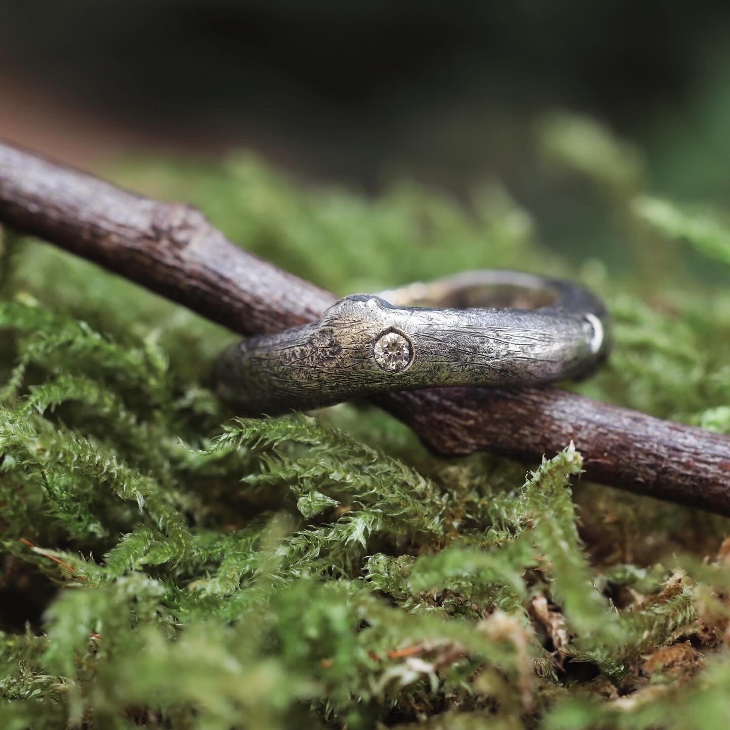 En rustik, naturinspireret ring på en mosbevokset overflade. Ringen, kendt som Fingerring - Eryn Design - Branches, har en trætekstur og en lille indlejret diamant, der fremkalder en naturlig, jordagtig æstetik. Den fremviser dansk design, den sidder fint på en kvist og blander sig problemfrit med omgivelserne.