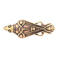 Load image into Gallery viewer, Broche Hugin / Munin Bronze er en fint detaljeret, bronzefarvet broche formet som en elegant fisk. Det indviklede design inkluderer mønstre, der ligner øjne og skæl, med stiliserede streg- og prikkemotiver, der dekorerer kroppen. Dette håndværk fremkalder det ældgamle kunstnerskab fra tiden med Odins legender og skaber et unikt, antikt udseende.
