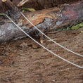 Load image into Gallery viewer, En delikat Halskæde Ankerkæde 925s Sølv 0,8mm halskæde er draperet over en ru trægren på jorden. Baggrunden har jordfarver med spredte blade og bark, der viser 925s Sterling Sølvs håndværk i rustikke udendørs omgivelser.
