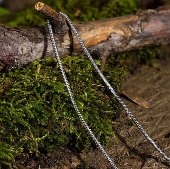 En Halskæde Slangekæde Stål 2 mm sølvperlet kæde draperet over en mosbeklædt træstamme med snavs og nedfaldne grene omkring. Indstillingen ser ud til at være en skovbund.