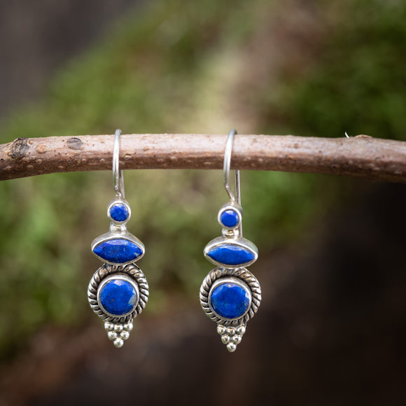 Móðir Lapis Lazuli Dangle Earrings 925s Sterling Silver