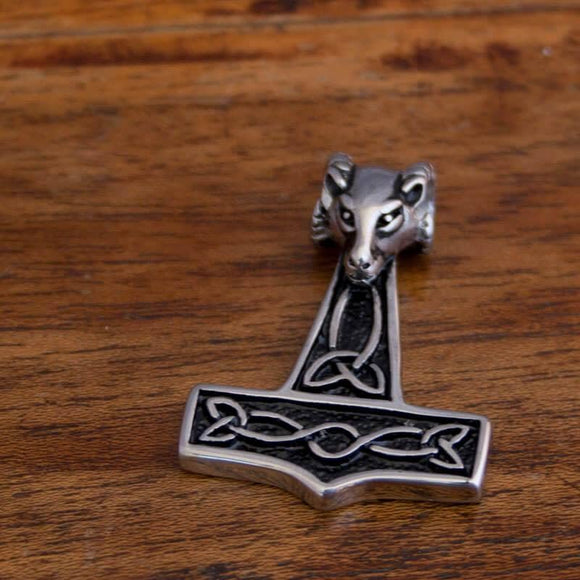 Thor's Hammer Pendant of Steel with Aries Head
